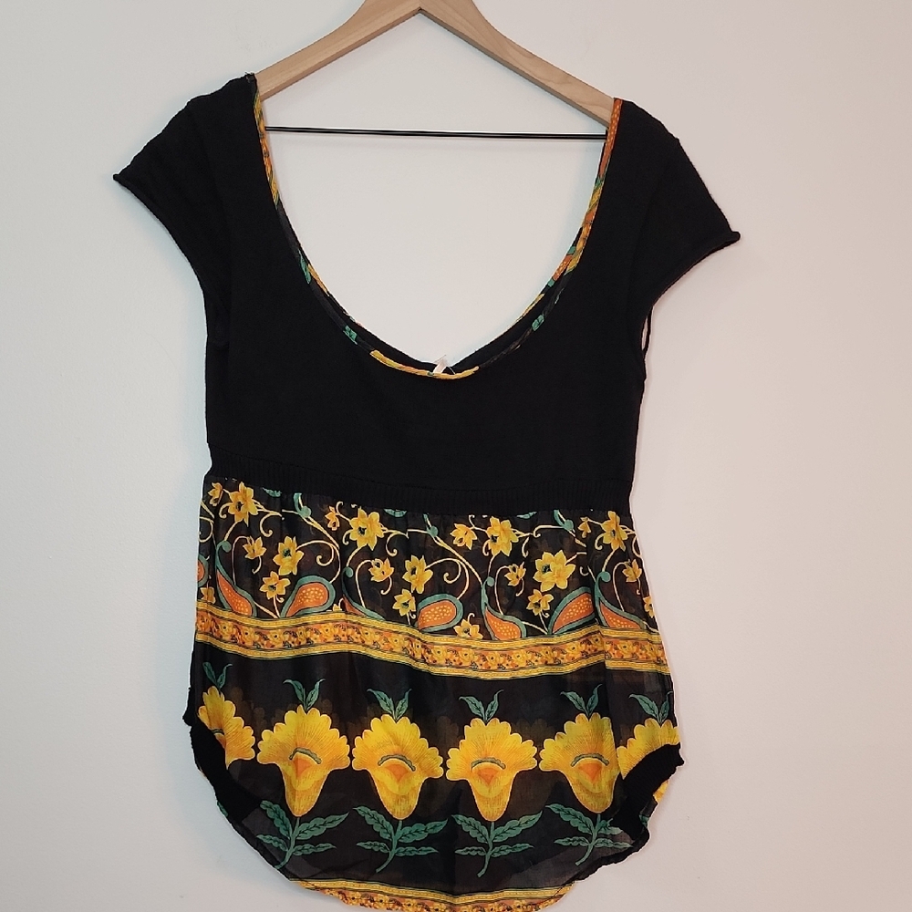 Free People Black Top with Yellow Floral Print